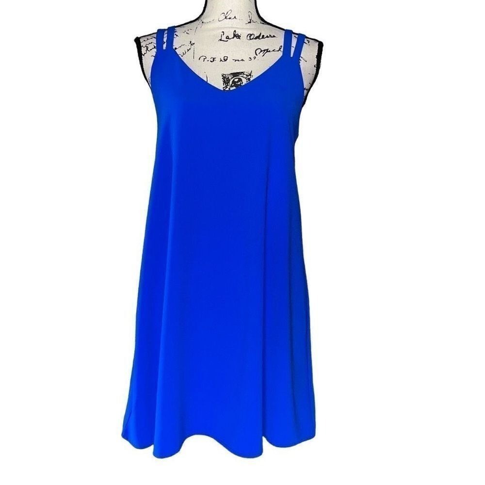 Very J Royal Blue Double Strap Tie Back‎ Mini Shift Dress Small Cobalt V-Neck